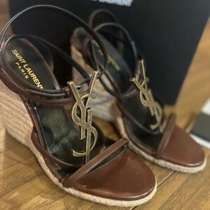 Yves Saint Laurent Brown Wedges with Gold Logo